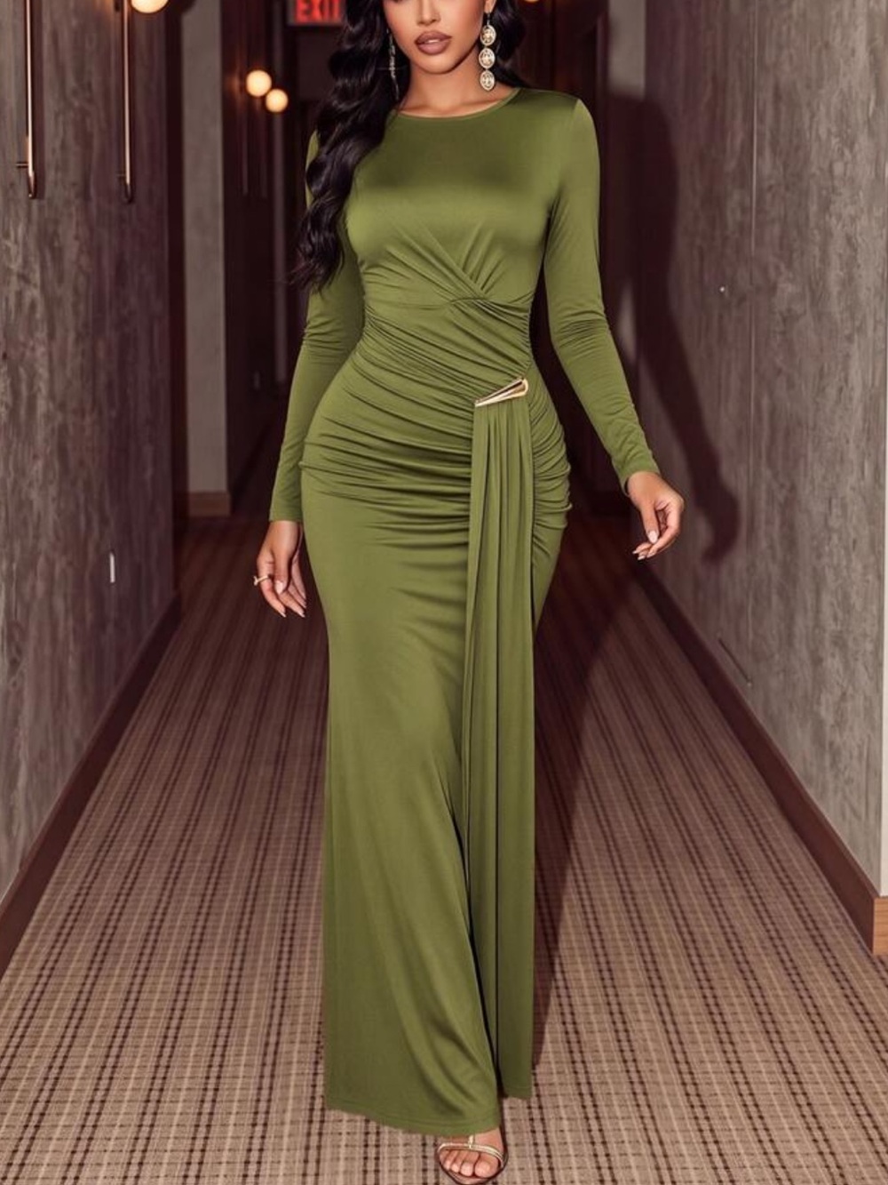 Long Sleeve Olive Green Ruched Maxi Dress